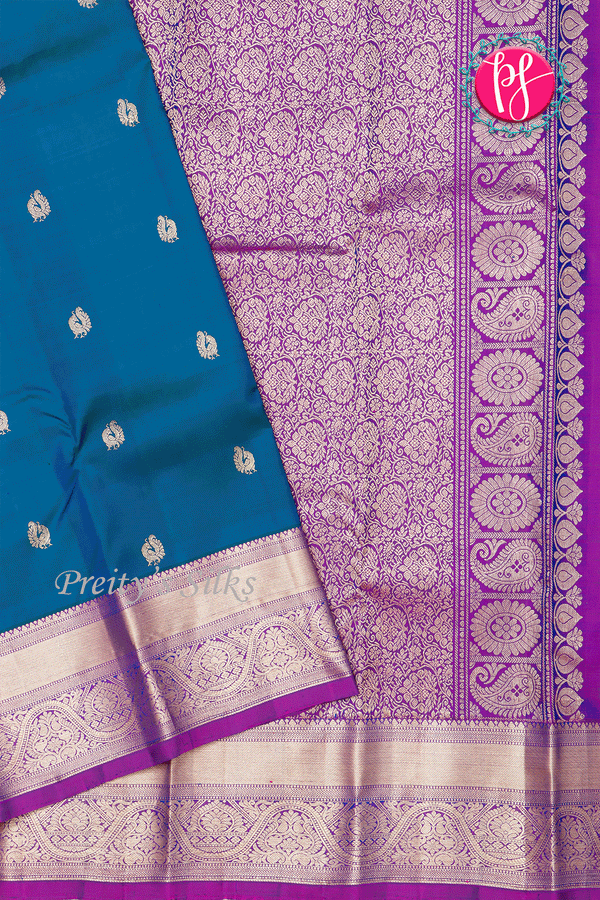 Pure Kanchipuram Silk Saree-Peacockblue-PA39434
