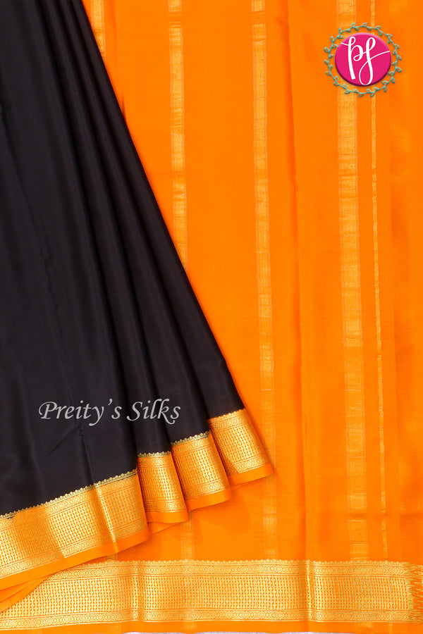 Pure Mysore Crepe Silk Saree -Black And Orange-PF82724