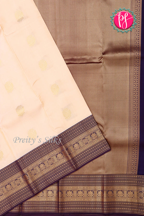 Half Pure Kanchipuram Silk Saree-Halfwhite And Navyblue-PA25826