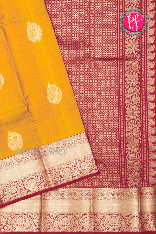 Pure Kanchipuram Silk Saree-Mustardyellow And Red-PA39422