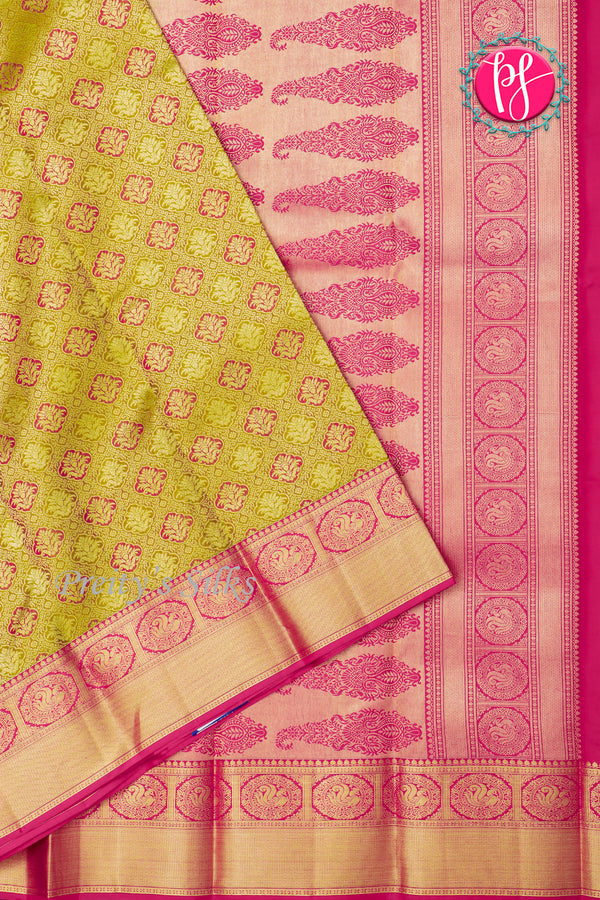 Pure Brocade Kanchipuram Silk Saree-Greenish-gold And Pink-PA27189