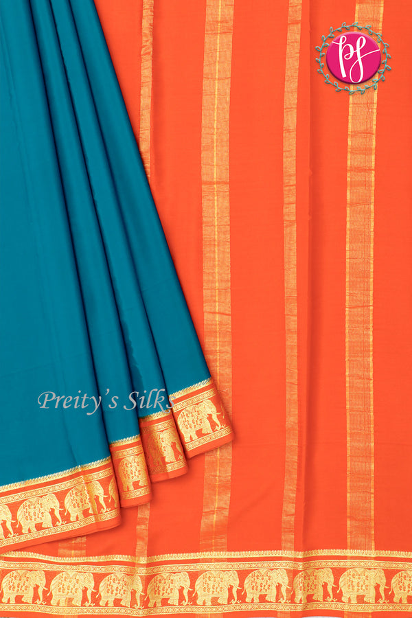 Pure Mysore Crepe Silk Saree-Contrast-Tealblue And Orange-PA19804