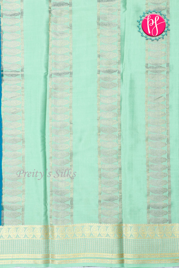 Pure Mysore Crepe Silk Saree-Deep Sky Blue And Pale Mint-PA26566