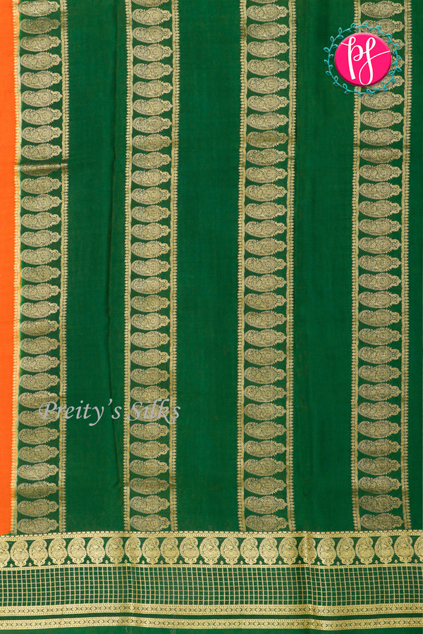 Pure Mysore Crepe Silk Saree-Orange And Bottlegreen-PA26566