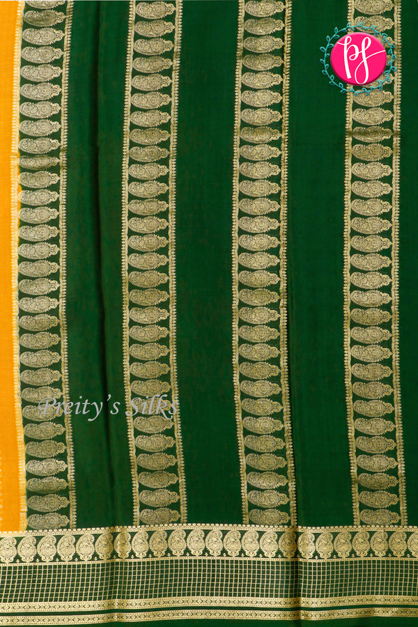 Pure Mysore Crepe Silk Saree-Yellow And Bottlegreen-PA26566