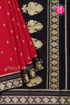 Pure Mysore Crepe Silk Saree-Red And Black-Peacock border-PA26542