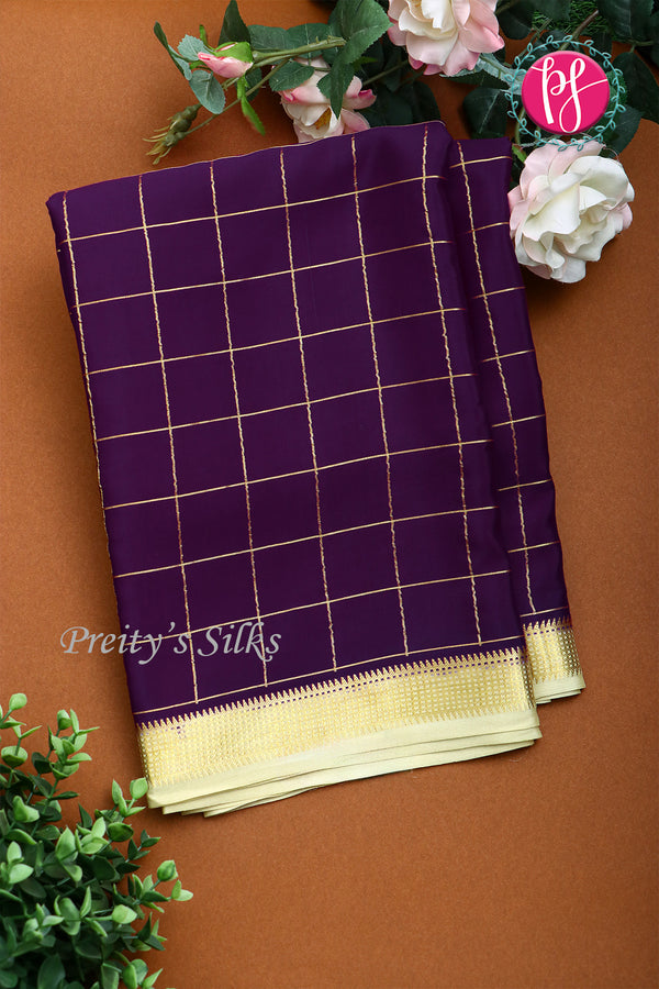 Pure Mysore Crepe Silk Saree -DeepPurple And warm yellow-gold PA09448