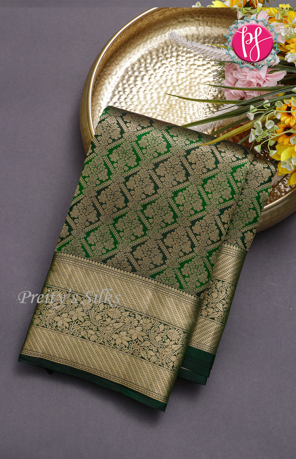Pure Kanchipuram Brocade Silk Saree-Dark Green-PF58659