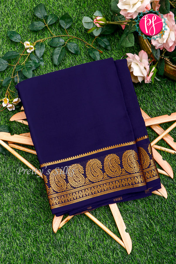 Pure Mysore Crepe Silk Saree-Mango border- Navyblue- PA35251