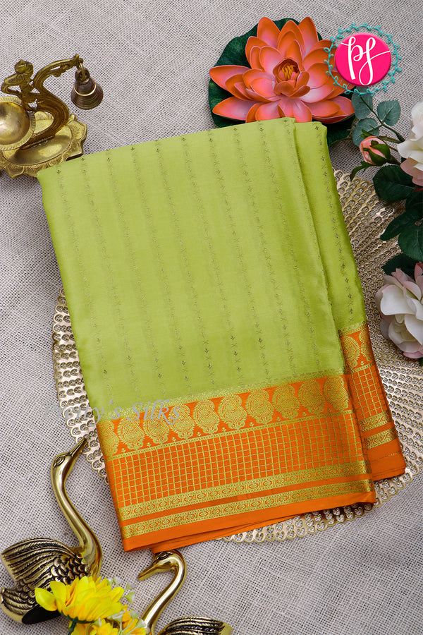 Pure Mysore Crepe Silk Saree-Pistagreen And Lightorange-PA26566