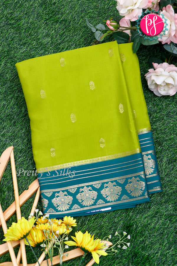 Pure Mysore Crepe Silk Saree-Olivegreen And Tealblue-PeacockBorder-PA26542