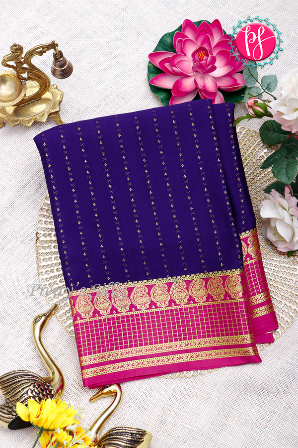 Pure Mysore Crepe Silk Saree-Navyblue And Pink-PA26566