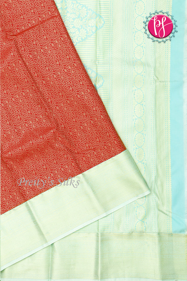 Half Pure Kanchipuram Silk Saree-Red And Skyblue-PF60538