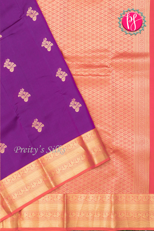 Half Pure Kanchipuram Silk Saree-Royal Violet And Sunset Orange-PA24684