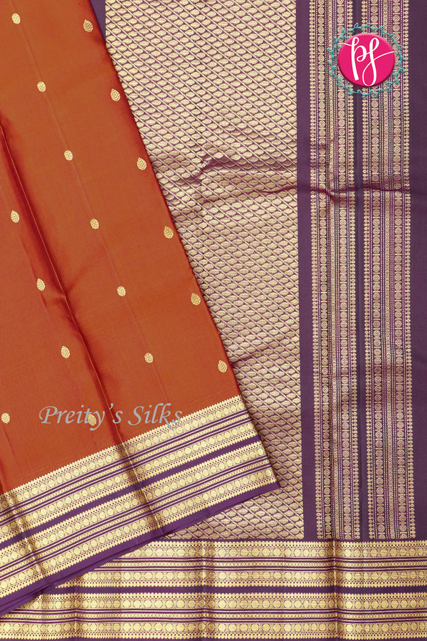 Pure Kanchipuram Silk Saree-Rust orange And DeepPurple-PA17564