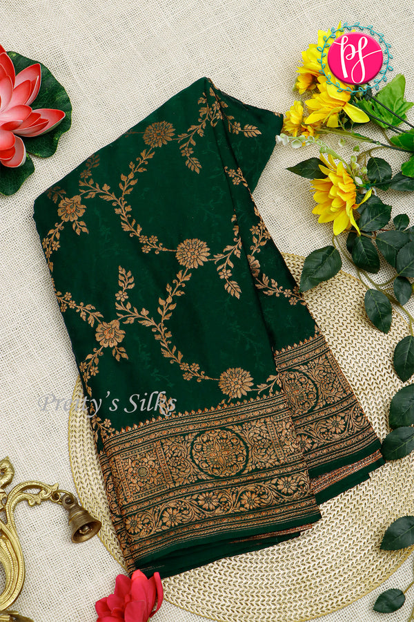 PURE KADDI BANARASI CREPE SILK SAREE-Bottlegreen-PA29680