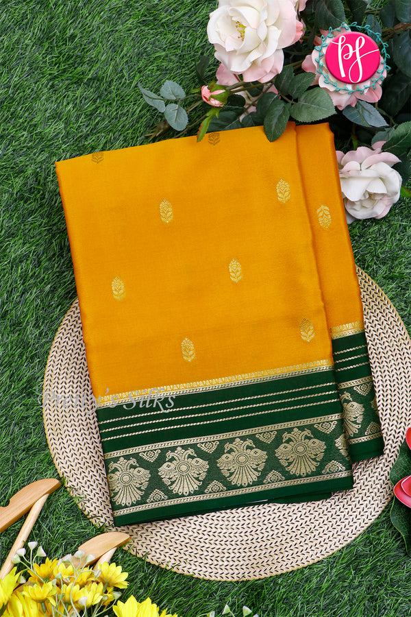 Pure Mysore Crepe Silk Saree-Mustardyellow And Darkgreen-PeacockBorder-PA26542