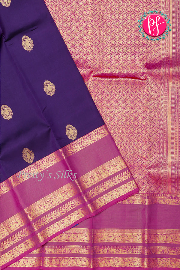 Half Pure Kanchipuram Silk Saree-Navyblue And Pink-PA24684