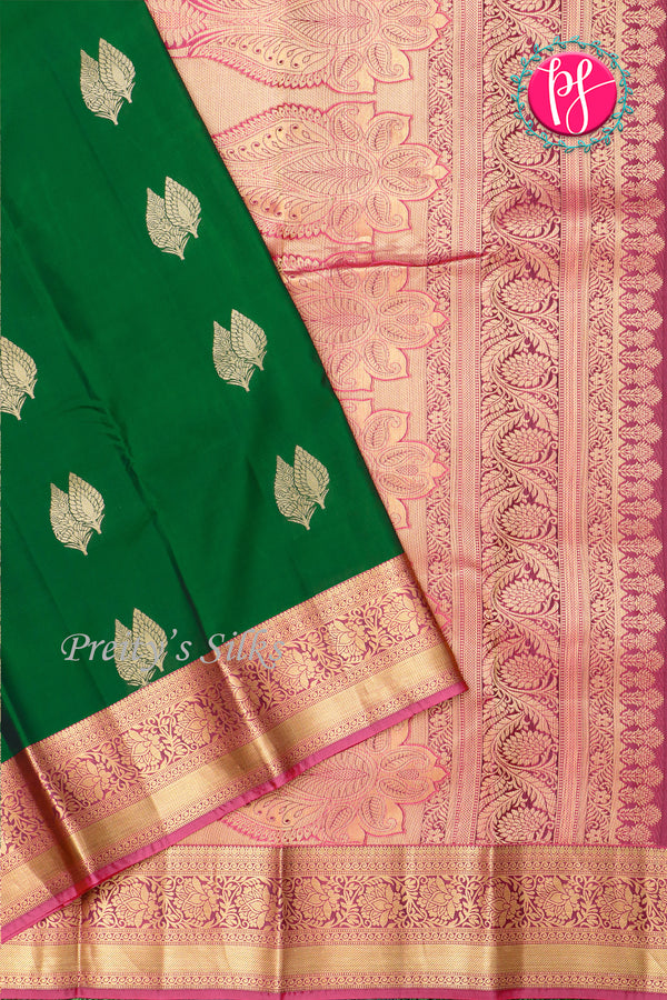 Half Pure Kanchipuram Silk Saree-Bottlegreen And Pink-PA27074