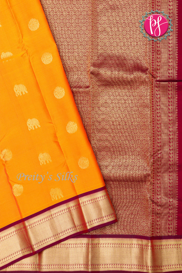Half Pure Kanchipuram Silk Saree-Mangoyellow And Maroon-PF82197