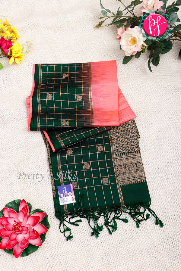 Kanchipuram Soft Silk Saree-Soft Coral Pink And Bottlegreen-PA27323