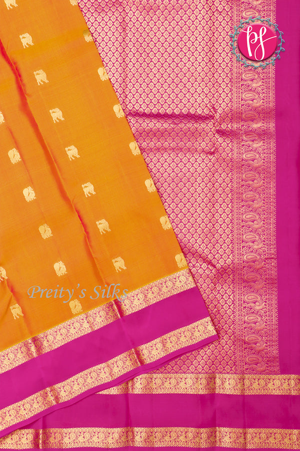 Half Pure Kanchipuram Silk Saree-Mustard yellow And Pink-PF04459