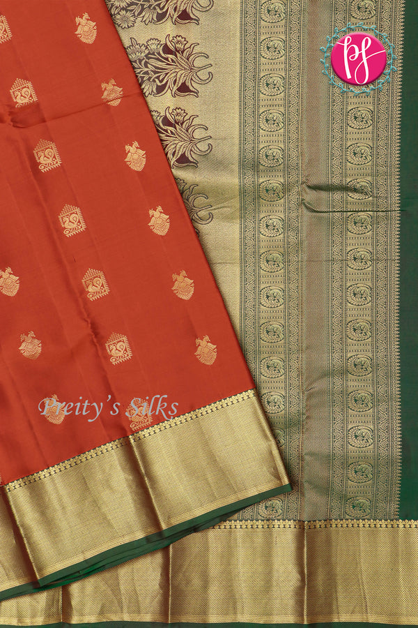 Pure Kanchipuram Silk Saree-RustOrange And Green- PF04355