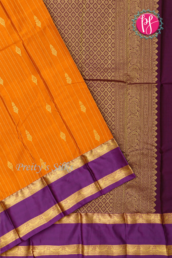 Semi Pure Kanchipuram Silk Saree-Mustard yellow And Purple-PF55938