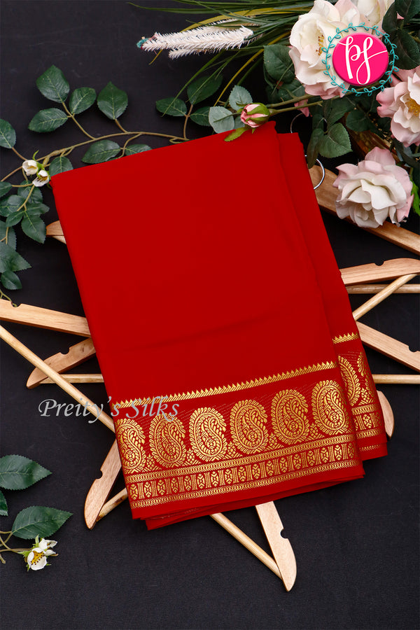 Pure Mysore Crepe Silk Saree-Mango border- Red- PA35251
