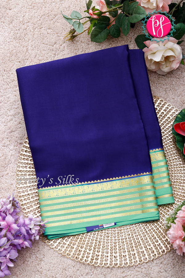 Pure Mysore Crepe Silk Saree-Navyblue And Pale Mint-PA28717