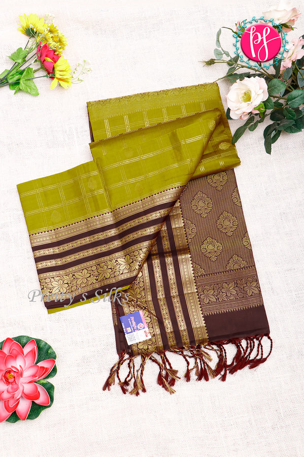 Kanchipuram Soft Silk Saree-Metallicgreen And Deepbrown-PA27210