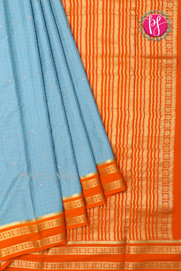 Pure Mysore Crepe Silk Saree -Slateblue And Orange-PF86103