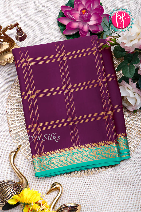 Pure Mysore Crepe Silk Saree-Double Checks-Deepwine And Aquablue-PA26523