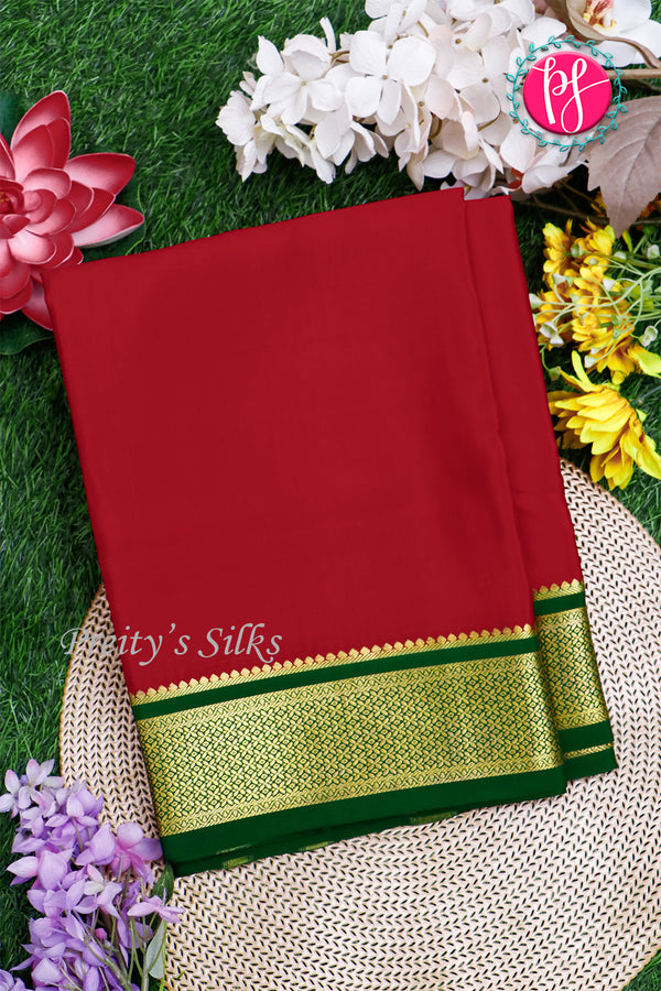 Pure Mysore Crepe Silk Saree-Crimsonred And Bottlegreen-PA28744