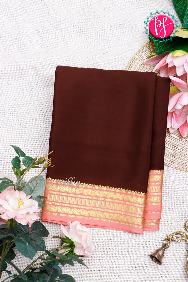 Pure Mysore Crepe Silk Saree-Chocolatebrown And Peach-PA28981