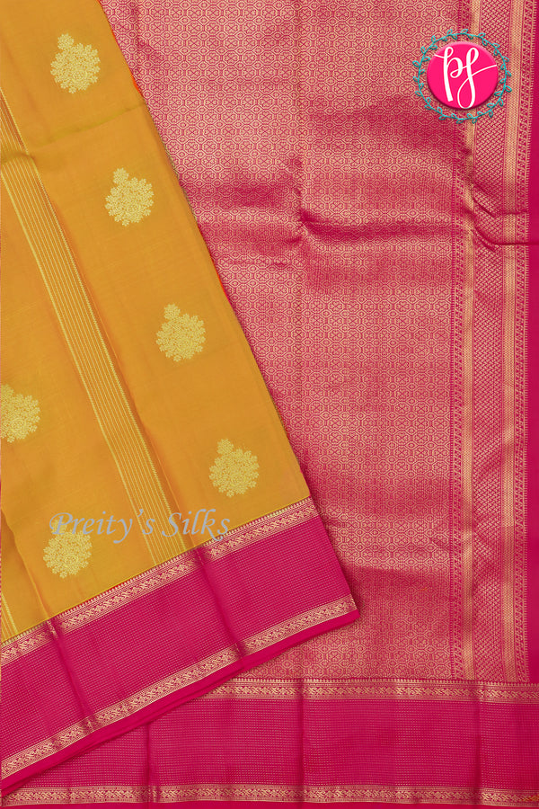 Half Pure Kanchipuram Silk Saree-Mustardyellow And Pink-PA24684