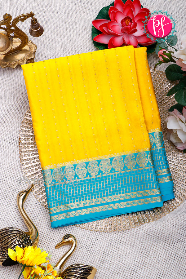 Pure Mysore Crepe Silk Saree-Yellow And Skyblue-PA26566