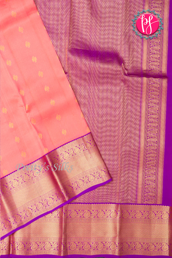 Half Pure Kanchipuram Silk Saree-Light coral And Lavender-PA25832