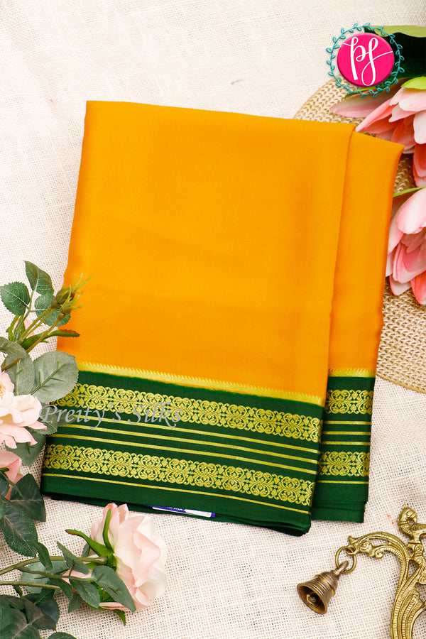 Pure Mysore Crepe Silk Saree-Yellow And Bottlegreen-PA29003