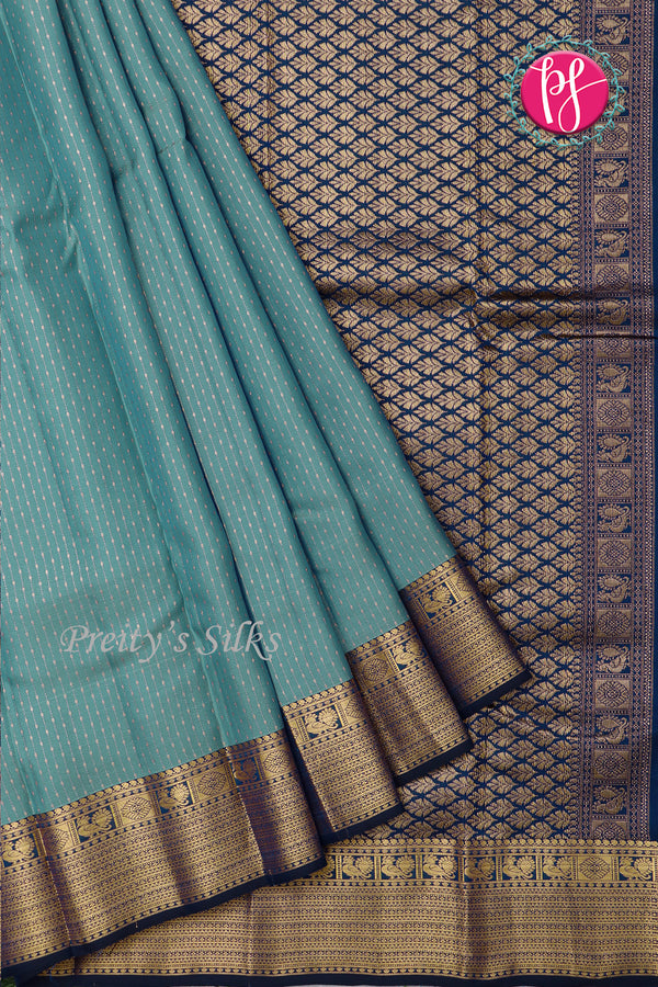 Half Pure Kanchipuram Silk Saree-Light Teal And Deep Navyblue- PF81370
