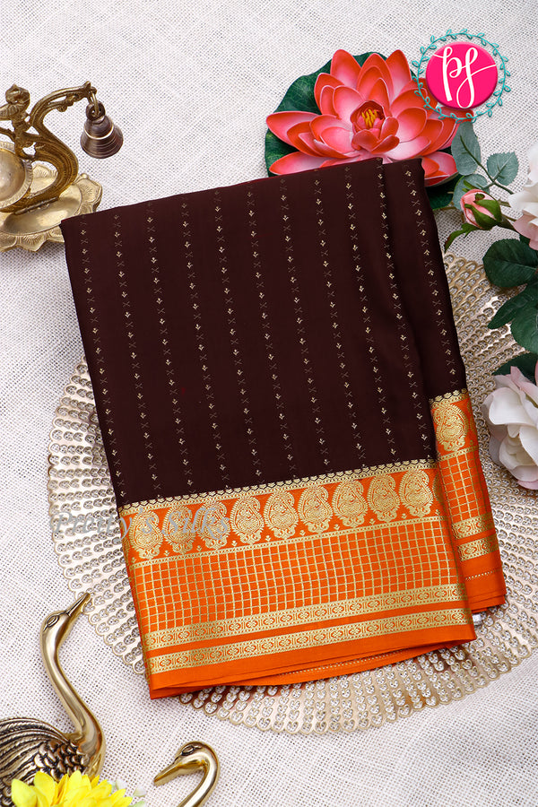 Pure Mysore Crepe Silk Saree-Chocolatebrown And Orange-PA26566