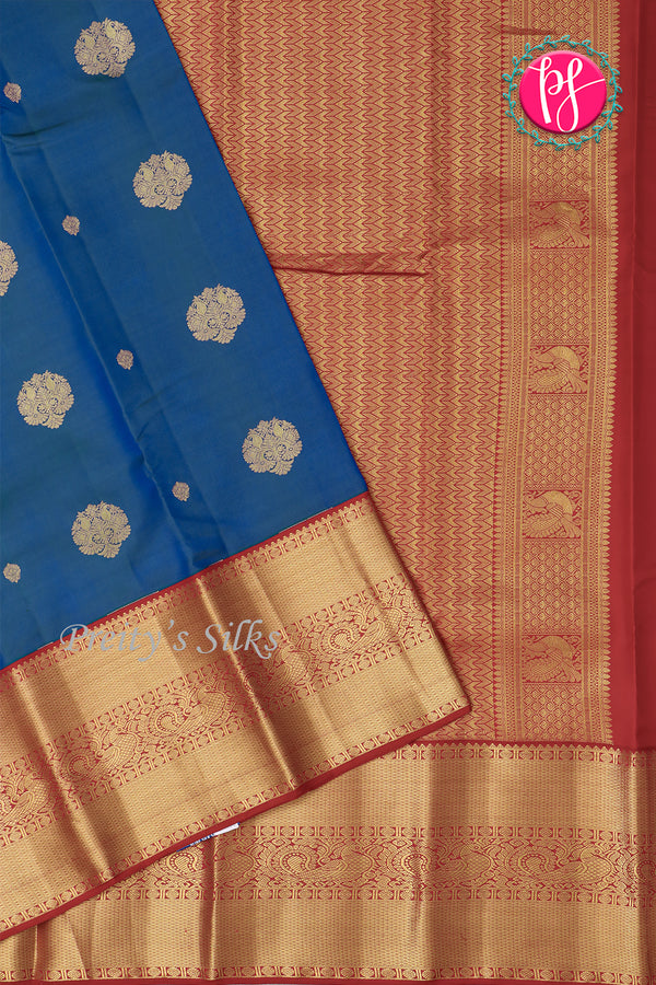 Pure Kanchipuram Silk Saree-Peacockblue And Red-PA23514