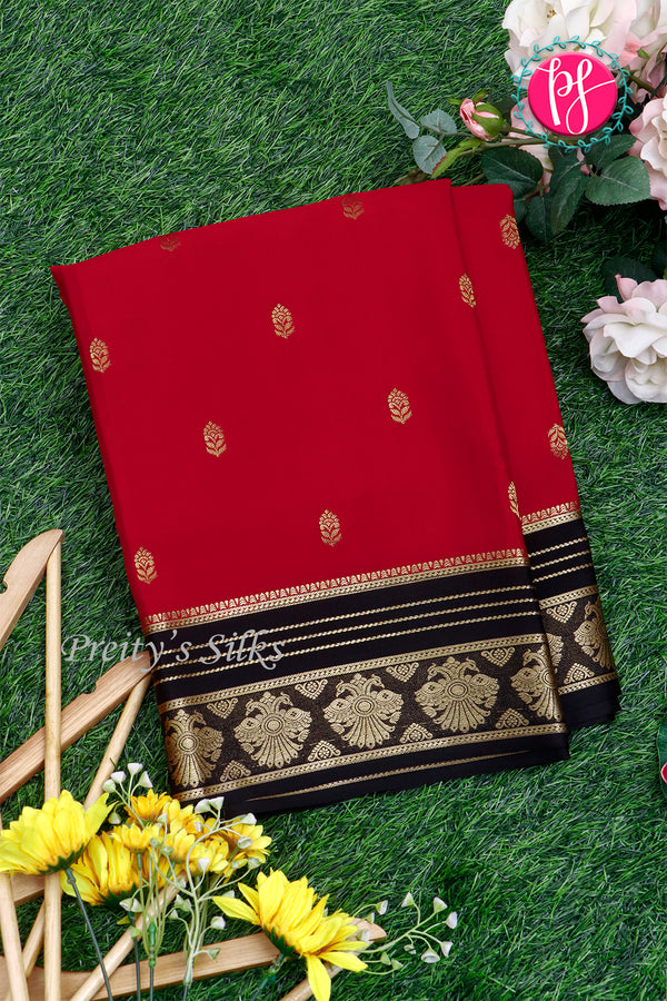 Pure Mysore Crepe Silk Saree-Red And Black-Peacock border-PA26542