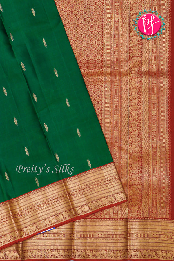 Pure Kanchipuram Silk Saree-Bottlegreen And Rustorange-PA81332