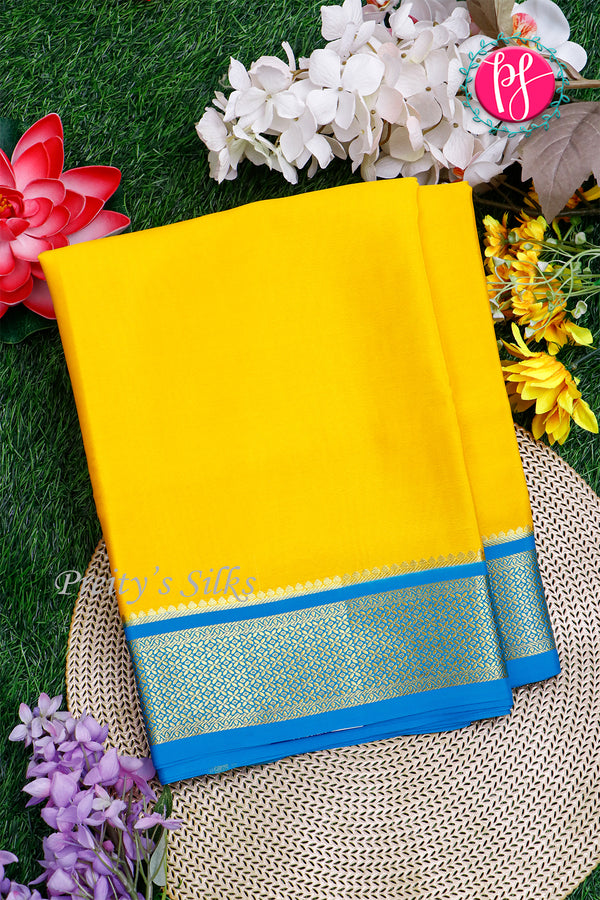 Pure Mysore Crepe Silk Saree-Yellow And Tealblue- PA28744