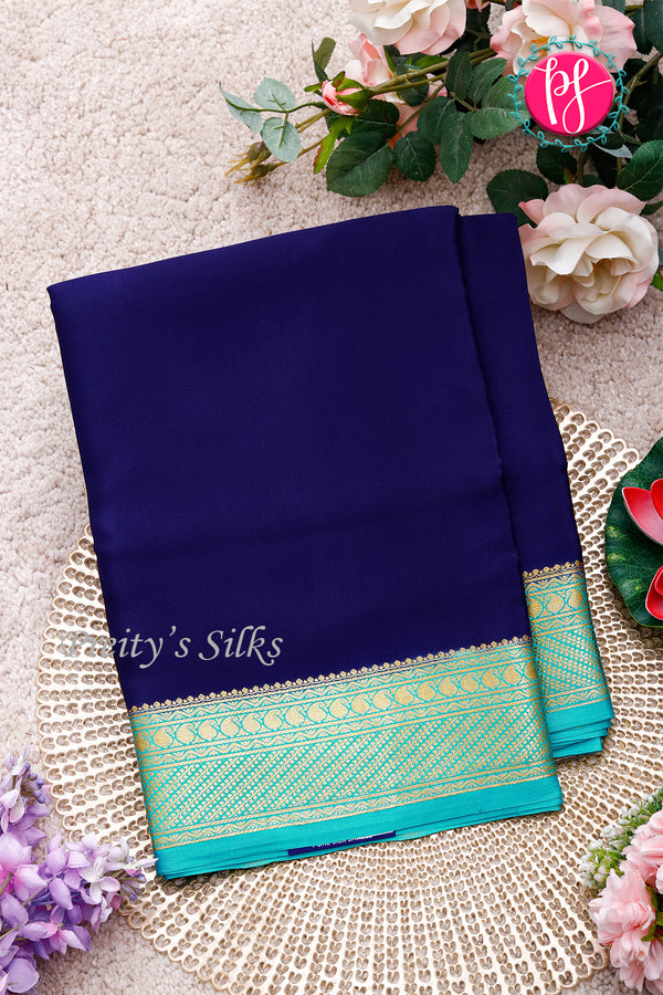 Pure Mysore Crepe Silk Saree-Navyblue And Skyblue-PA22436
