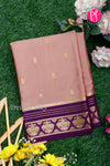 Pure Mysore Crepe Silk Saree-Pinkishgrey And Deeppurple-Peacock border-PA26542