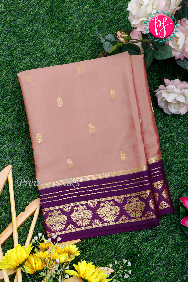 Pure Mysore Crepe Silk Saree-Pinkishgrey And Deeppurple-Peacock border-PA26542