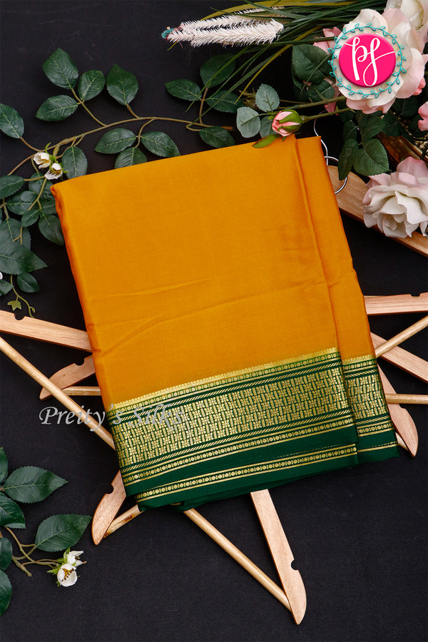 Pure Mysore Crepe Silk Saree-Mustardyellow And Bottlegreen- PA34000