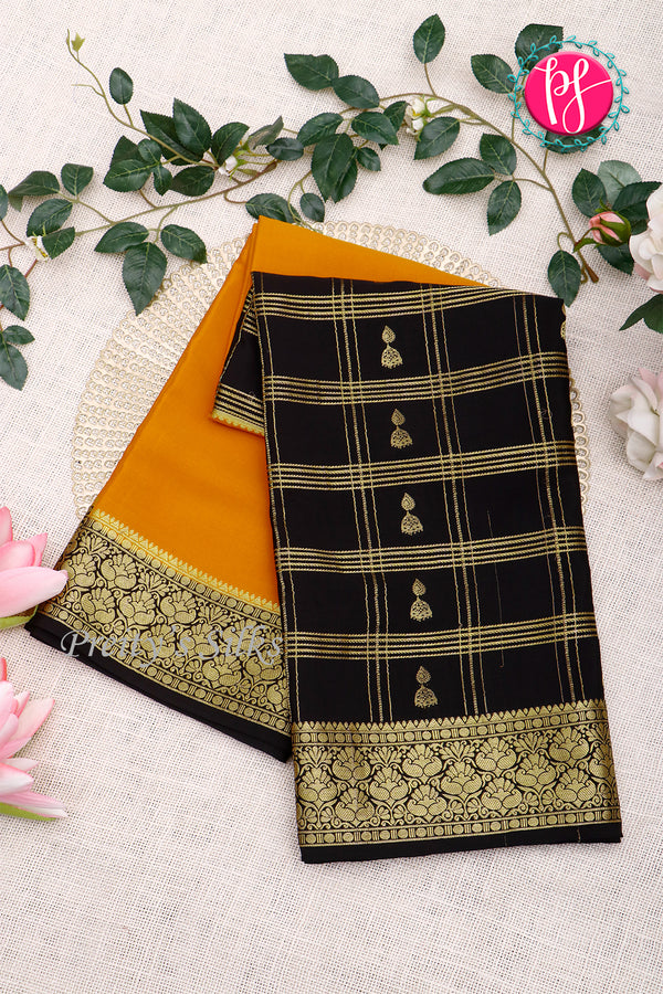 Pure Mysore Crepe Silk Saree-Mustardyellow And Black-PA46832